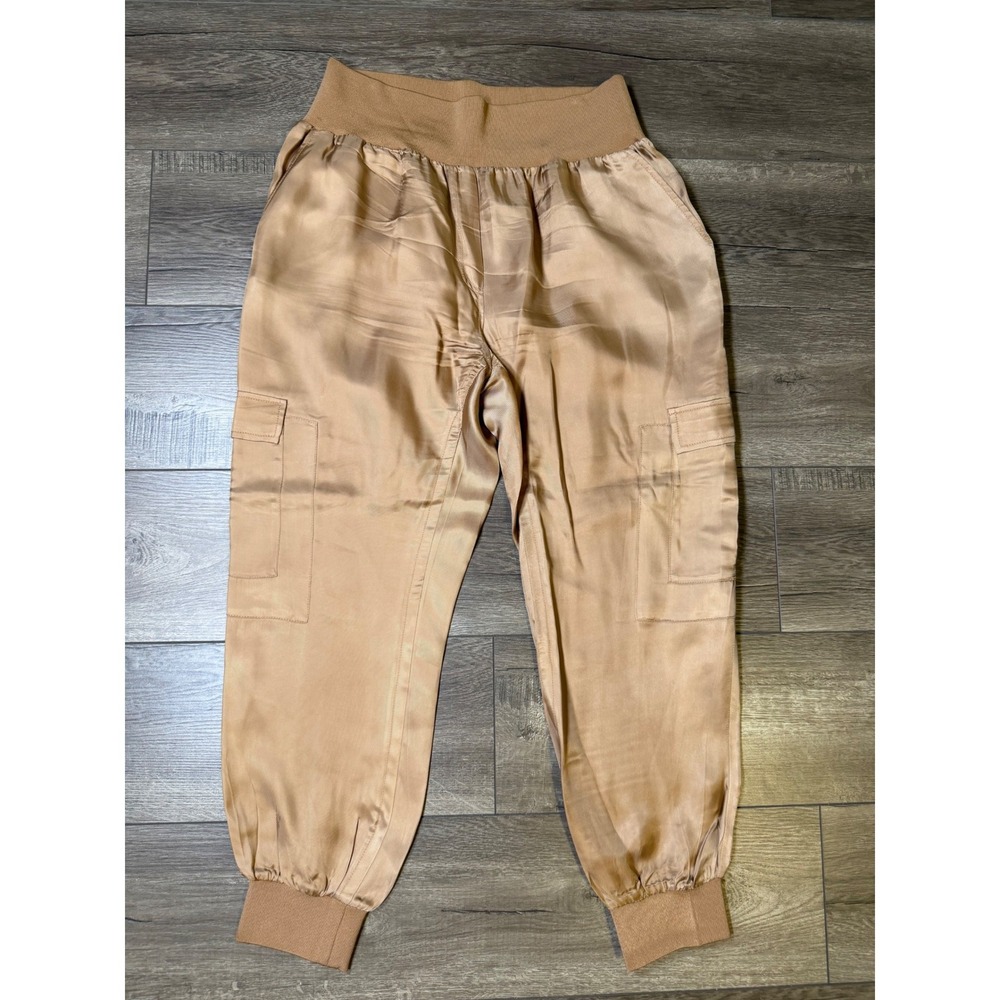 Cinq a Sept Giles Cupro Cargo Joggers Tan Camel Shiny Satin Pull On XL